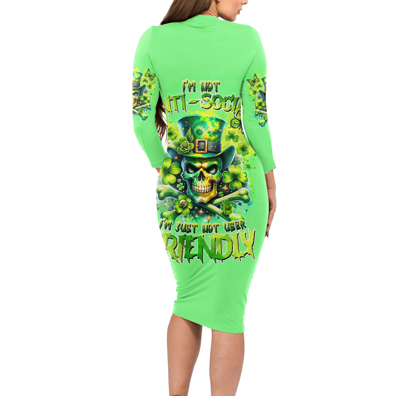 Irish Skull Long Sleeve Bodycon Dress I'm Not Anti Social I'm Just Not User Friendly - Wonder Print Shop