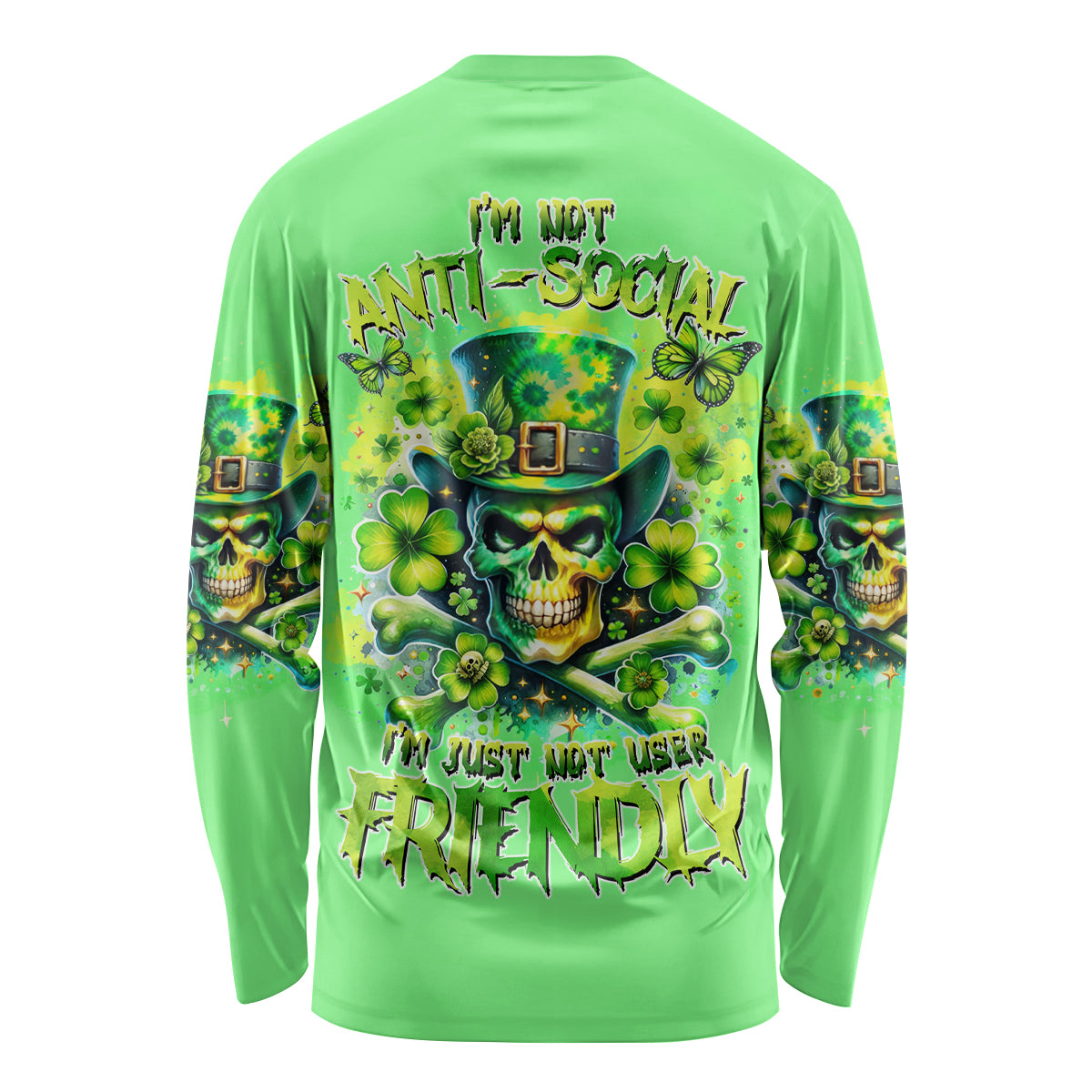 Irish Skull Long Sleeve Shirt I'm Not Anti Social I'm Just Not User Friendly - Wonder Print Shop