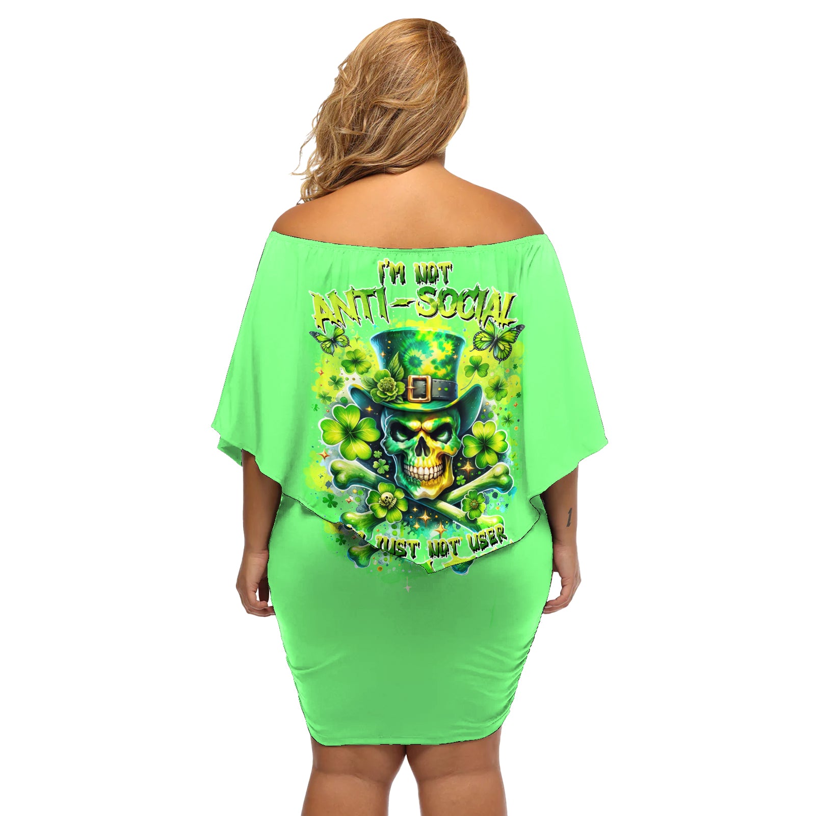 Irish Skull Off Shoulder Short Dress I'm Not Anti Social I'm Just Not User Friendly - Wonder Print Shop