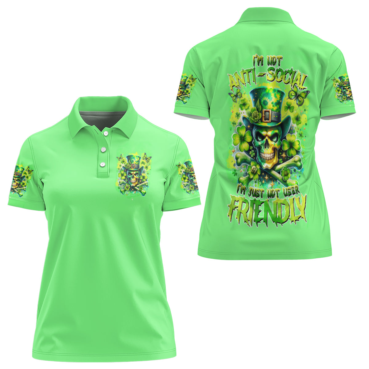 Irish Skull Women Polo Shirt I'm Not Anti Social I'm Just Not User Friendly - Wonder Print Shop