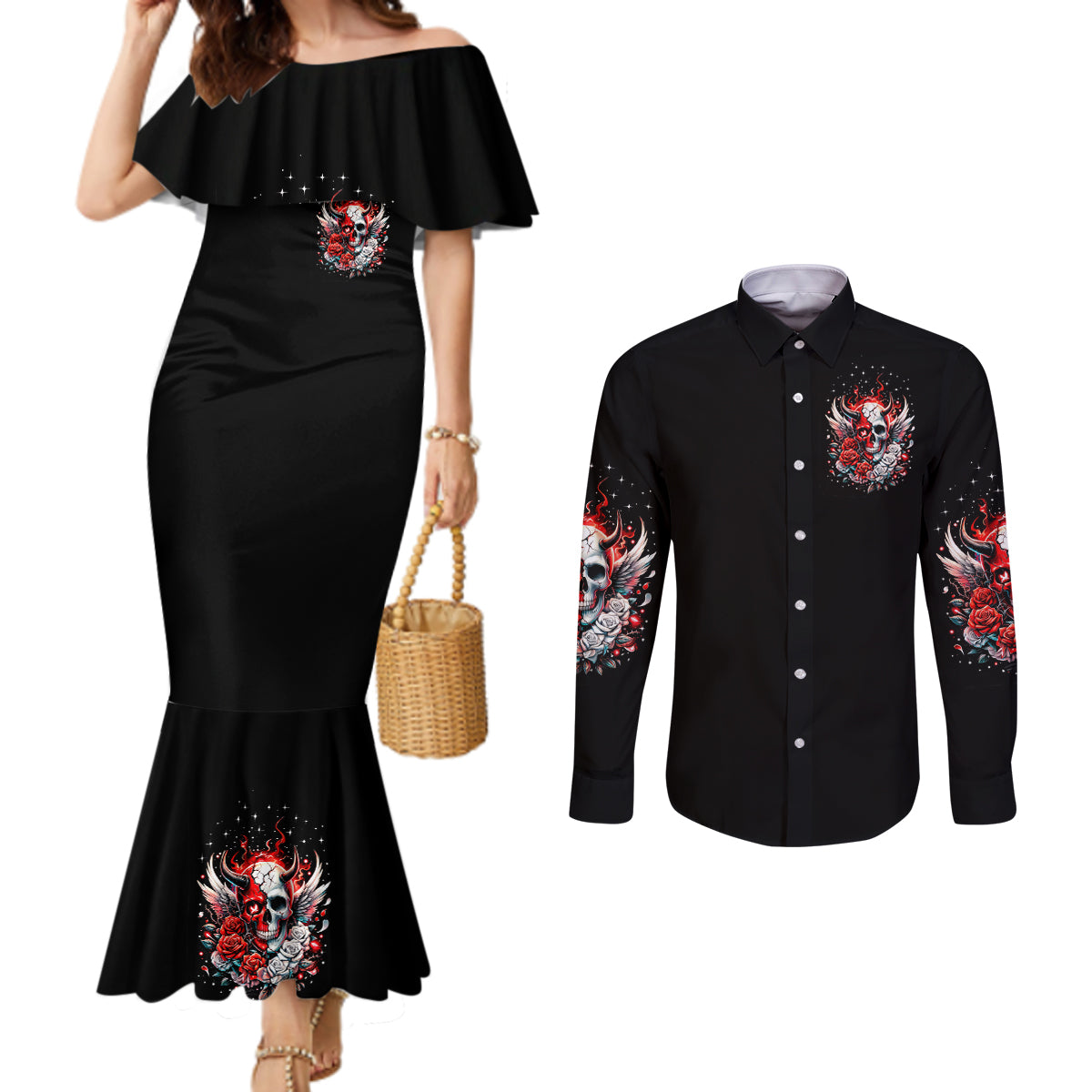 Devil Skull Couples Matching Mermaid Dress and Long Sleeve Button Shirt In Every Angel A Demon Hides And In Every Demon An Angel Strides