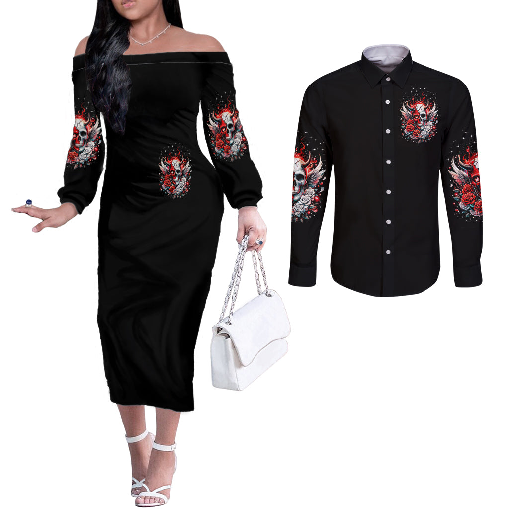 Devil Skull Couples Matching Off The Shoulder Long Sleeve Dress and Long Sleeve Button Shirt In Every Angel A Demon Hides And In Every Demon An Angel Strides