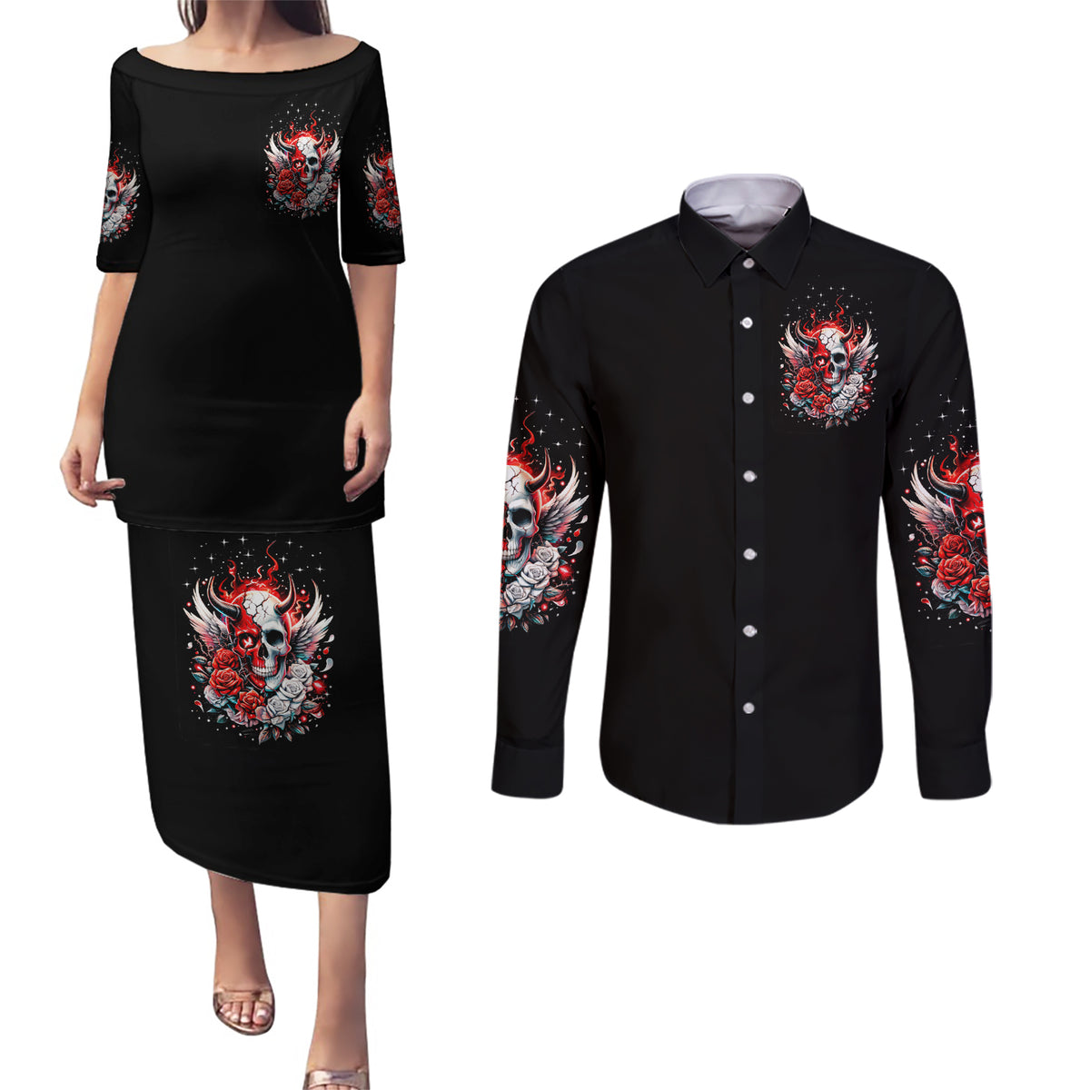 Devil Skull Couples Matching Puletasi and Long Sleeve Button Shirt In Every Angel A Demon Hides And In Every Demon An Angel Strides - Wonder Print Shop