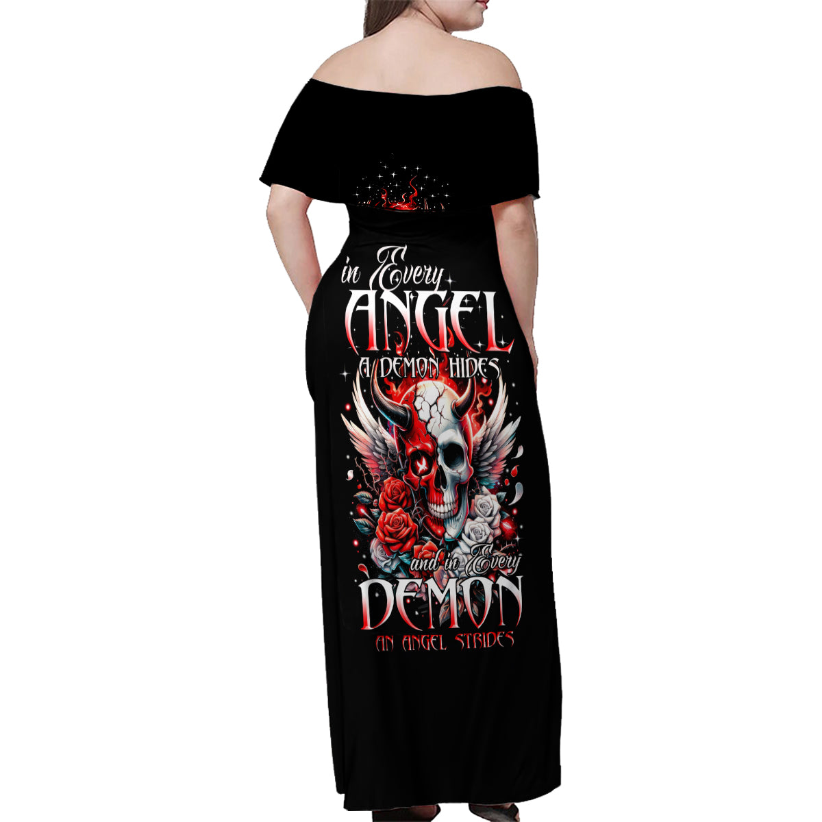 Devil Skull Family Matching Off Shoulder Maxi Dress and Hawaiian Shirt In Every Angel A Demon Hides And In Every Demon An Angel Strides - Wonder Print Shop