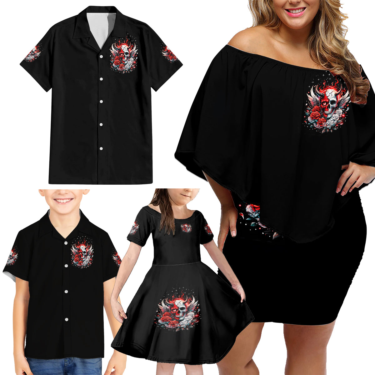 Devil Skull Family Matching Off Shoulder Short Dress and Hawaiian Shirt In Every Angel A Demon Hides And In Every Demon An Angel Strides - Wonder Print Shop
