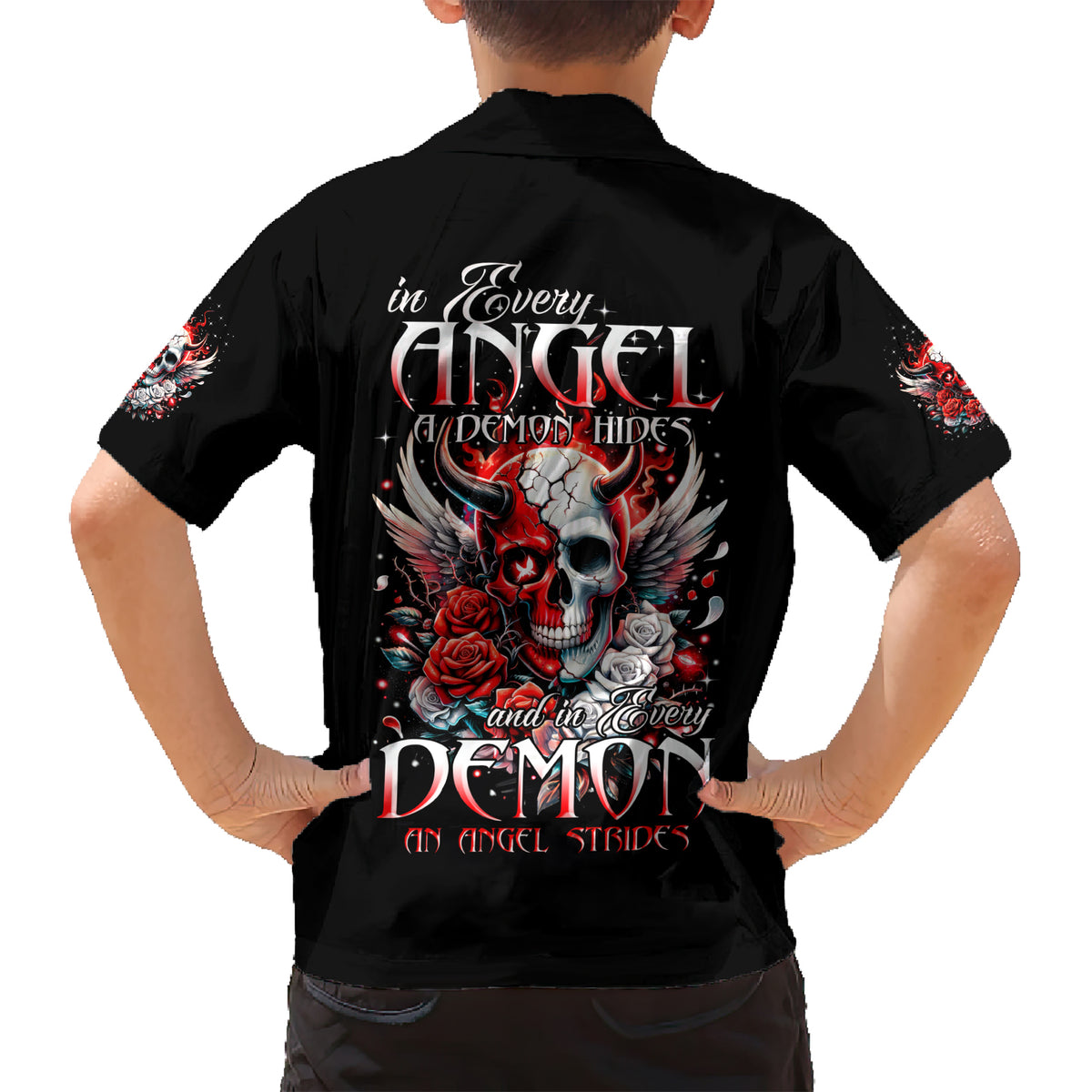Devil Skull Family Matching Short Sleeve Bodycon Dress and Hawaiian Shirt In Every Angel A Demon Hides And In Every Demon An Angel Strides - Wonder Print Shop