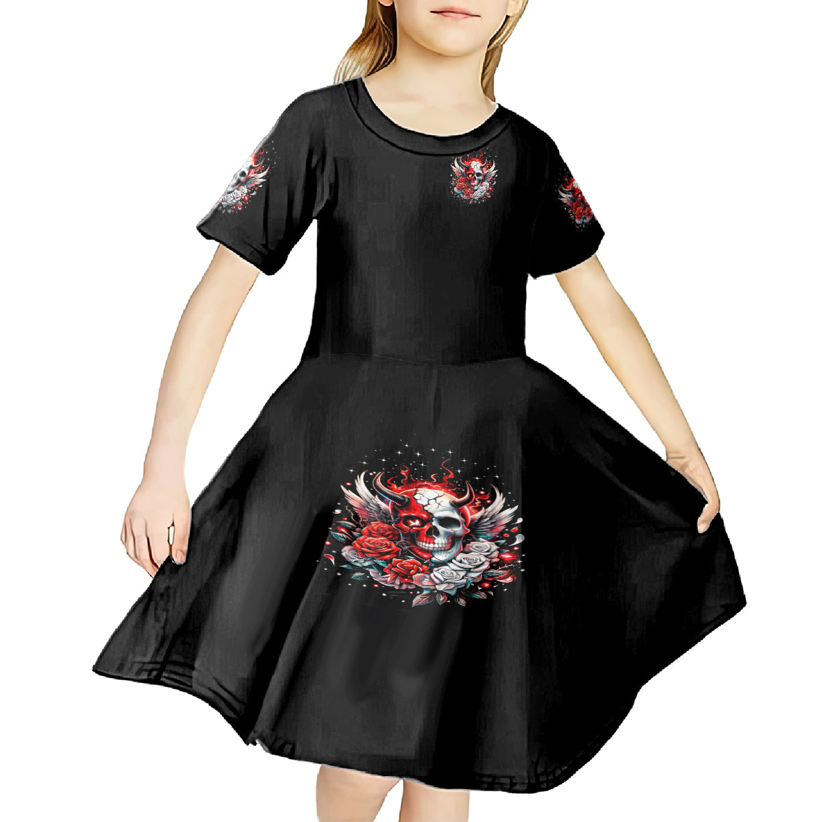 Devil Skull Kid Short Sleeve Dress In Every Angel A Demon Hides And In Every Demon An Angel Strides - Wonder Print Shop