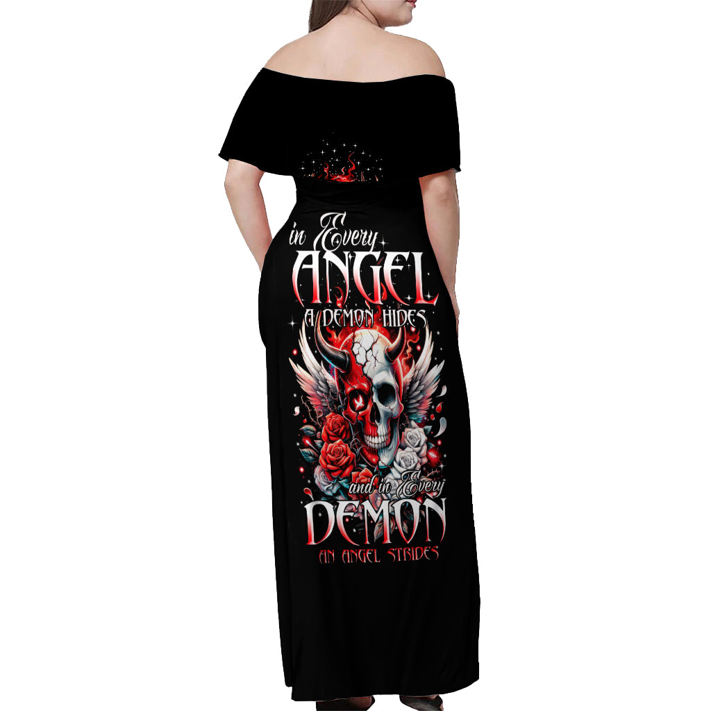 Devil Skull Off Shoulder Maxi Dress In Every Angel A Demon Hides And In Every Demon An Angel Strides - Wonder Print Shop