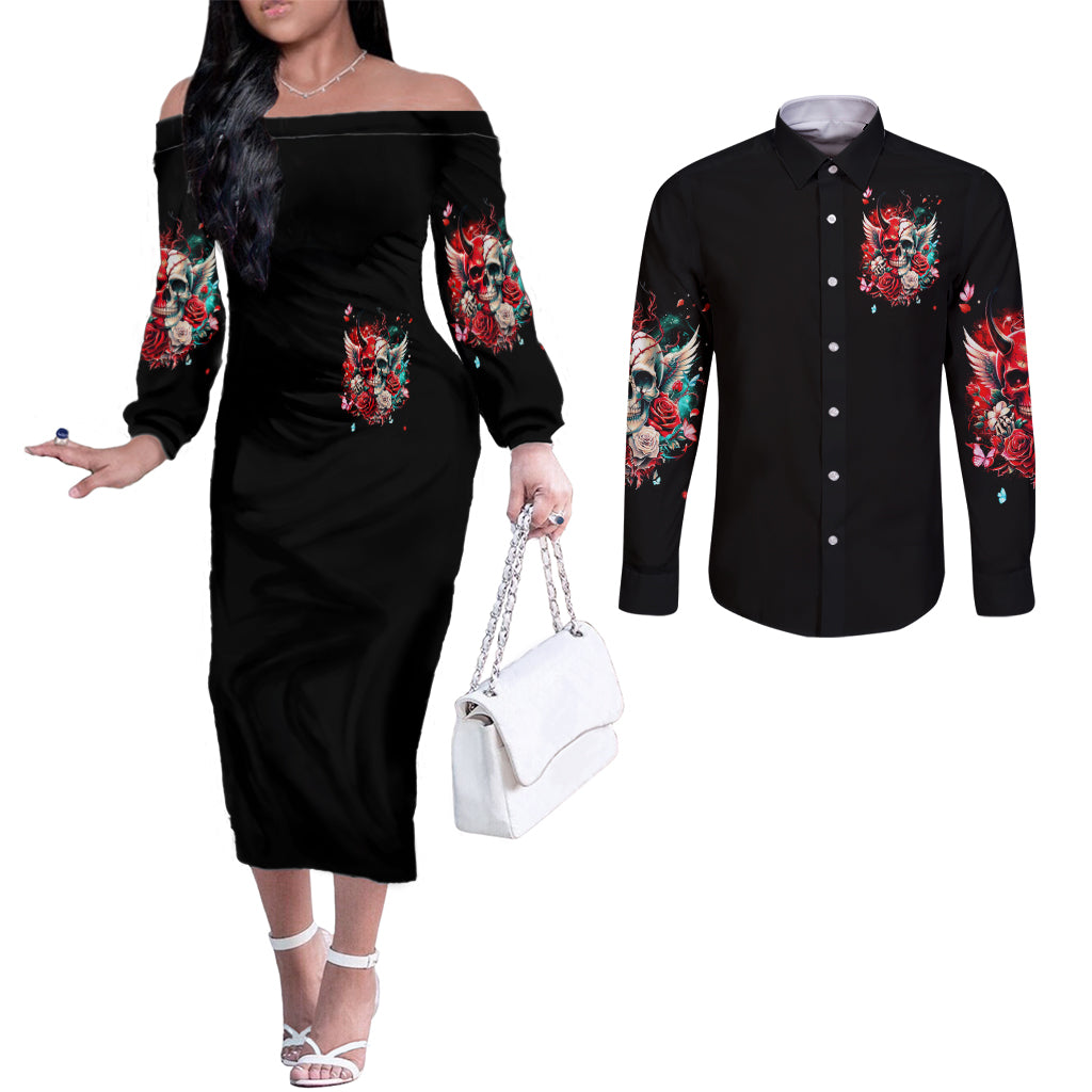 Devil Skull Couples Matching Off The Shoulder Long Sleeve Dress and Long Sleeve Button Shirt Little Bit Of Devil In These Angel eyes