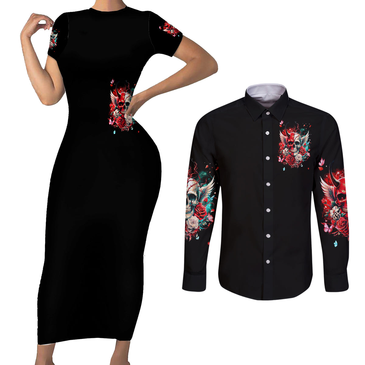 Devil Skull Couples Matching Short Sleeve Bodycon Dress and Long Sleeve Button Shirt Little Bit Of Devil In These Angel eyes - Wonder Print Shop