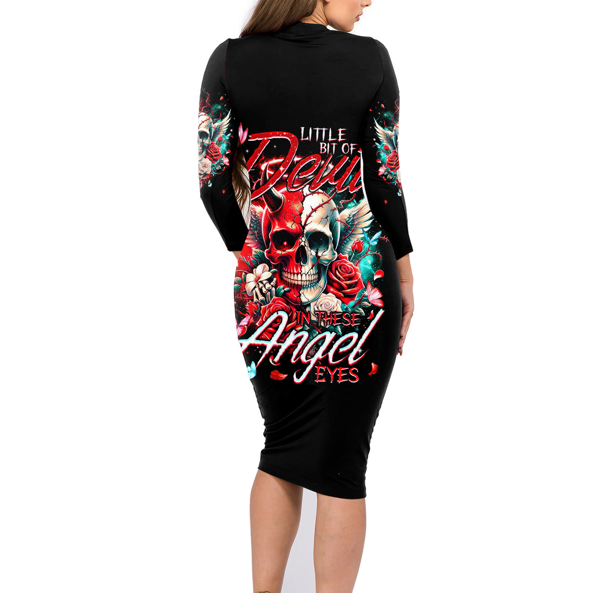 Devil Skull Family Matching Long Sleeve Bodycon Dress and Hawaiian Shirt Little Bit Of Devil In These Angel eyes - Wonder Print Shop