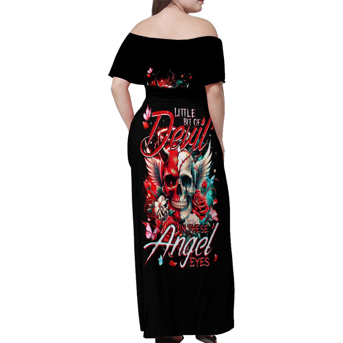 Devil Skull Family Matching Off Shoulder Maxi Dress and Hawaiian Shirt Little Bit Of Devil In These Angel eyes - Wonder Print Shop