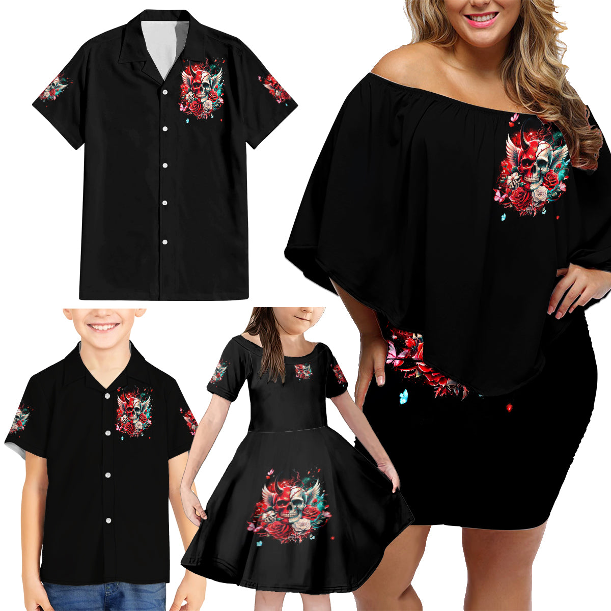 Devil Skull Family Matching Off Shoulder Short Dress and Hawaiian Shirt Little Bit Of Devil In These Angel eyes - Wonder Print Shop