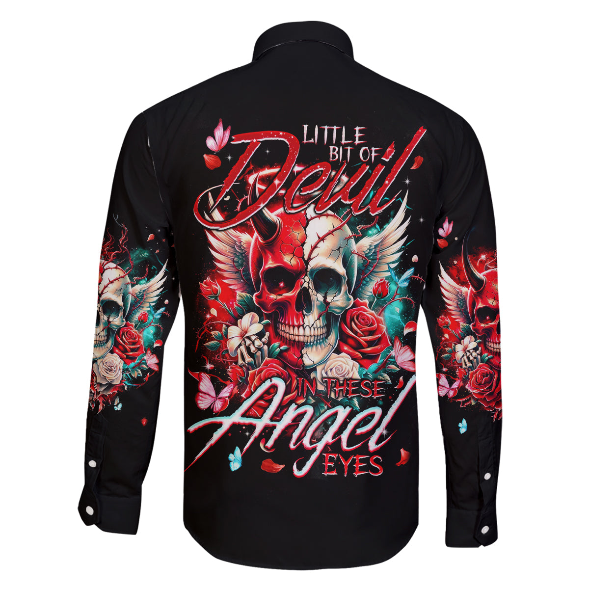 Devil Skull Family Matching Off Shoulder Short Dress and Hawaiian Shirt Little Bit Of Devil In These Angel eyes - Wonder Print Shop