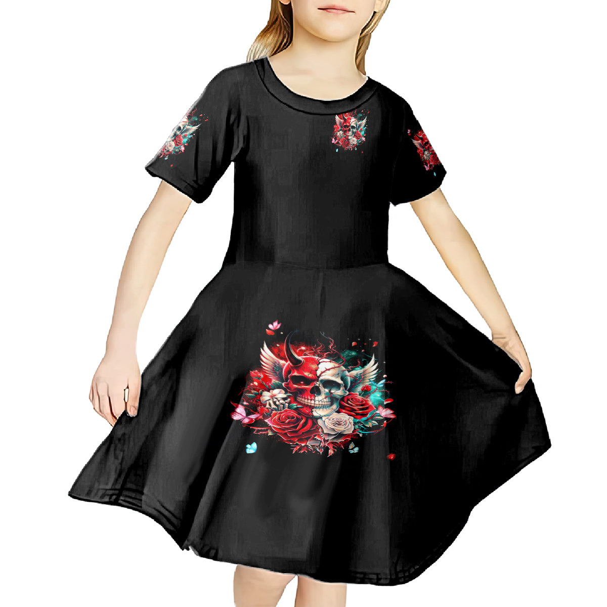 Devil Skull Kid Short Sleeve Dress Little Bit Of Devil In These Angel eyes - Wonder Print Shop