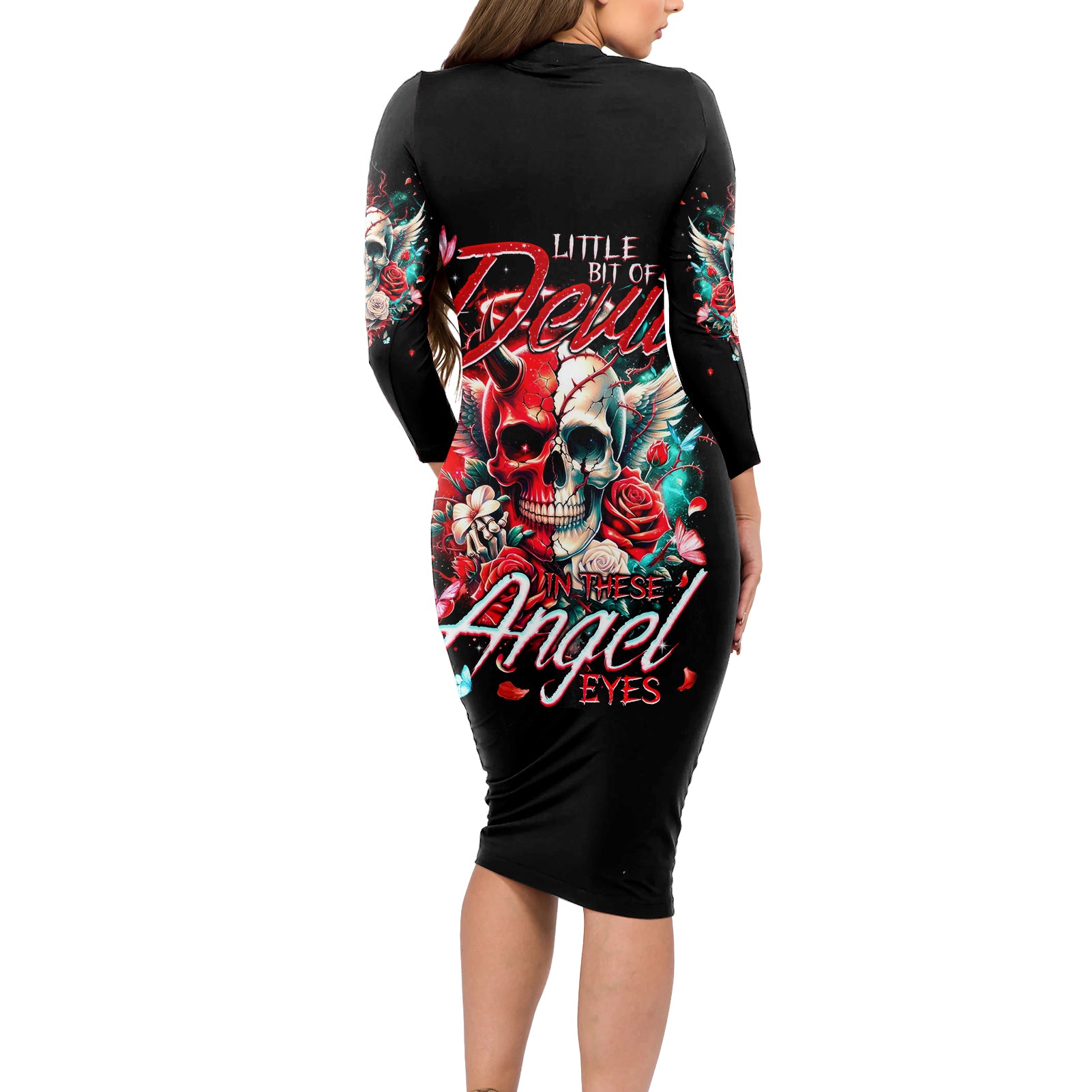 Devil Skull Long Sleeve Bodycon Dress Little Bit Of Devil In These Angel eyes - Wonder Print Shop