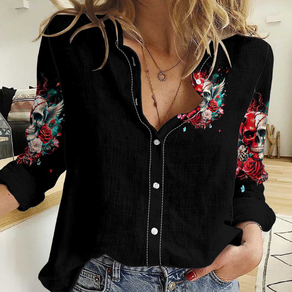 Devil Skull Women Casual Shirt Little Bit Of Devil In These Angel eyes - Wonder Print Shop