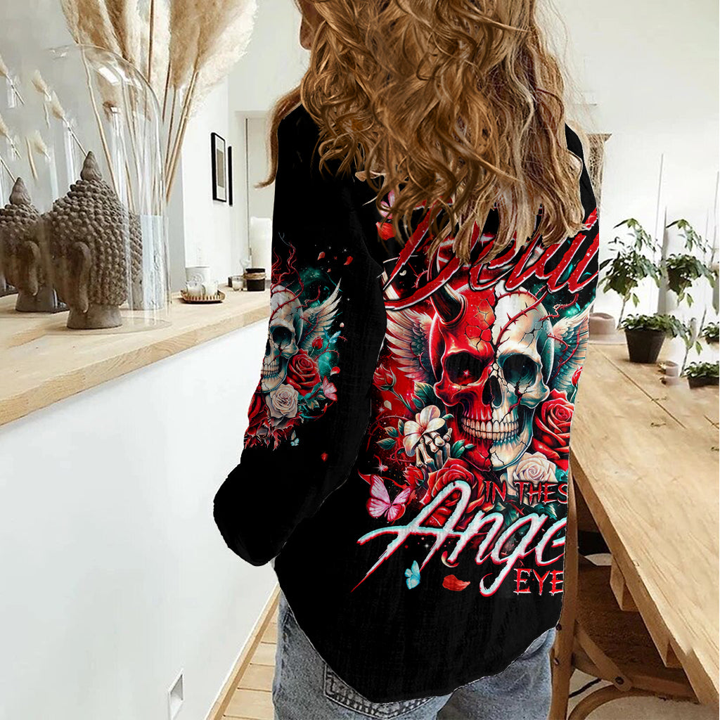 Devil Skull Women Casual Shirt Little Bit Of Devil In These Angel eyes - Wonder Print Shop
