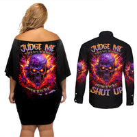 Flame Skull Couples Matching Off Shoulder Short Dress and Long Sleeve Button Shirt Judge Me When You Reperfect Otherwise Shut Up - Wonder Print Shop