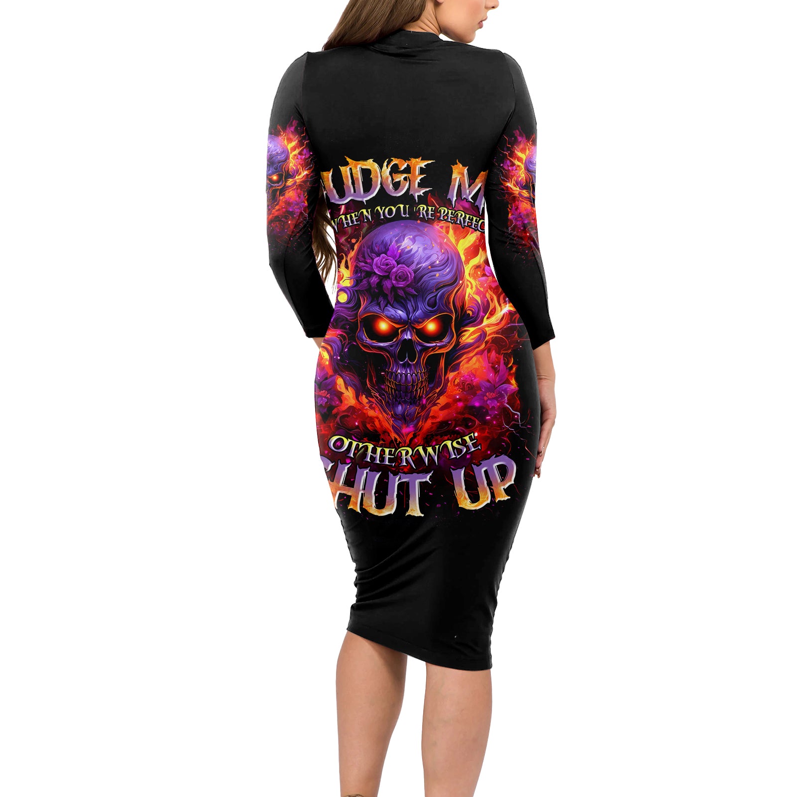 Flame Skull Long Sleeve Bodycon Dress Judge Me When You Reperfect Otherwise Shut Up - Wonder Print Shop
