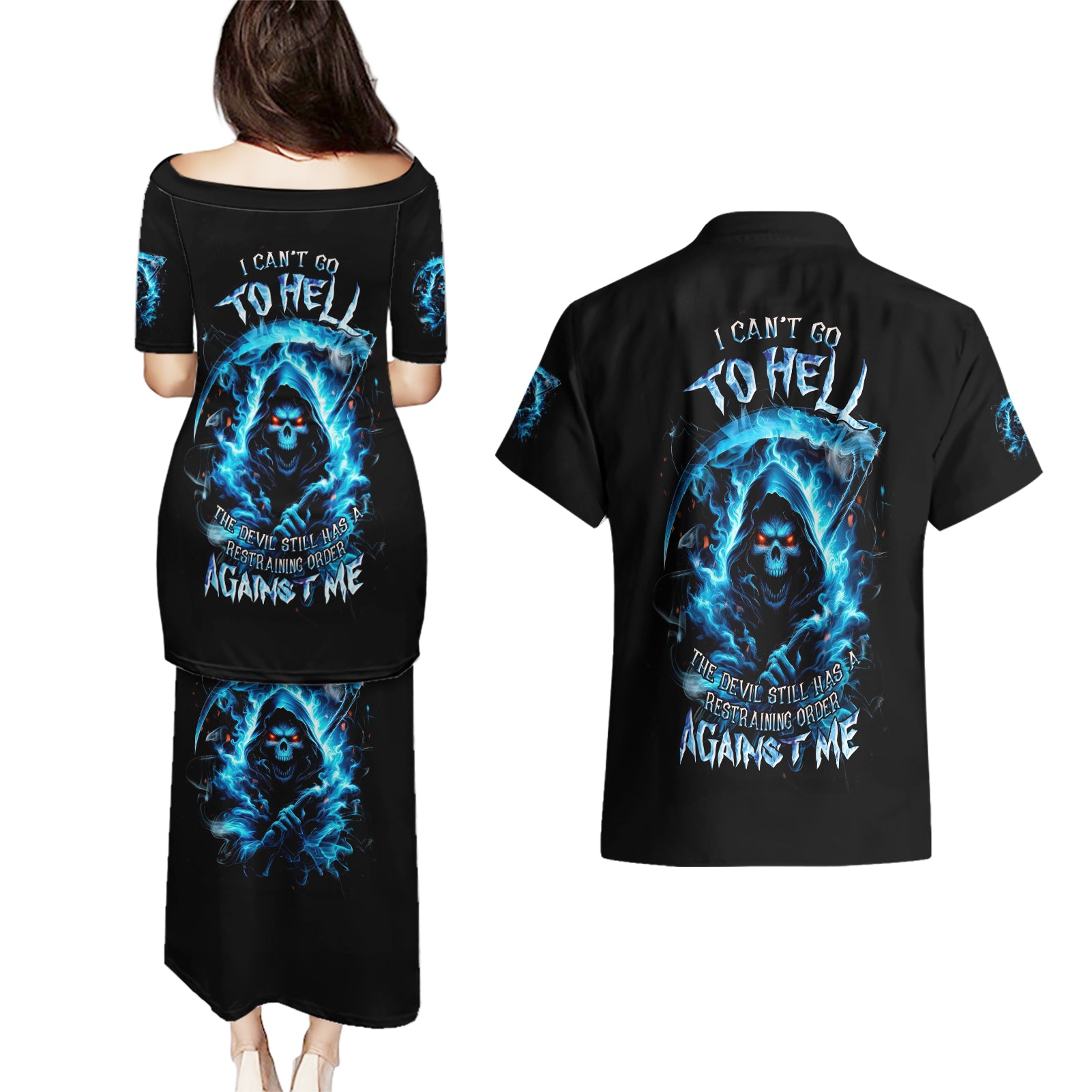 Skull Reaper Couples Matching Puletasi and Hawaiian Shirt I Can't Go To Hell The Devil Still Has A Restraining Order Against Me - Wonder Print Shop