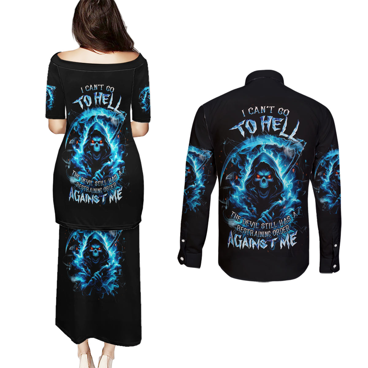 Skull Reaper Couples Matching Puletasi and Long Sleeve Button Shirt I Can't Go To Hell The Devil Still Has A Restraining Order Against Me - Wonder Print Shop