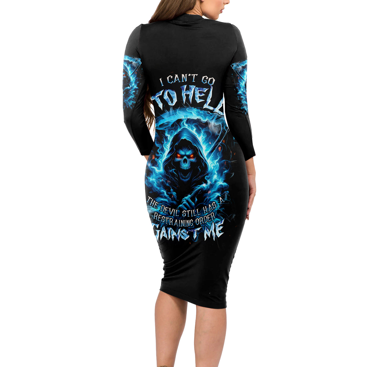 Skull Reaper Long Sleeve Bodycon Dress I Can't Go To Hell The Devil Still Has A Restraining Order Against Me - Wonder Print Shop