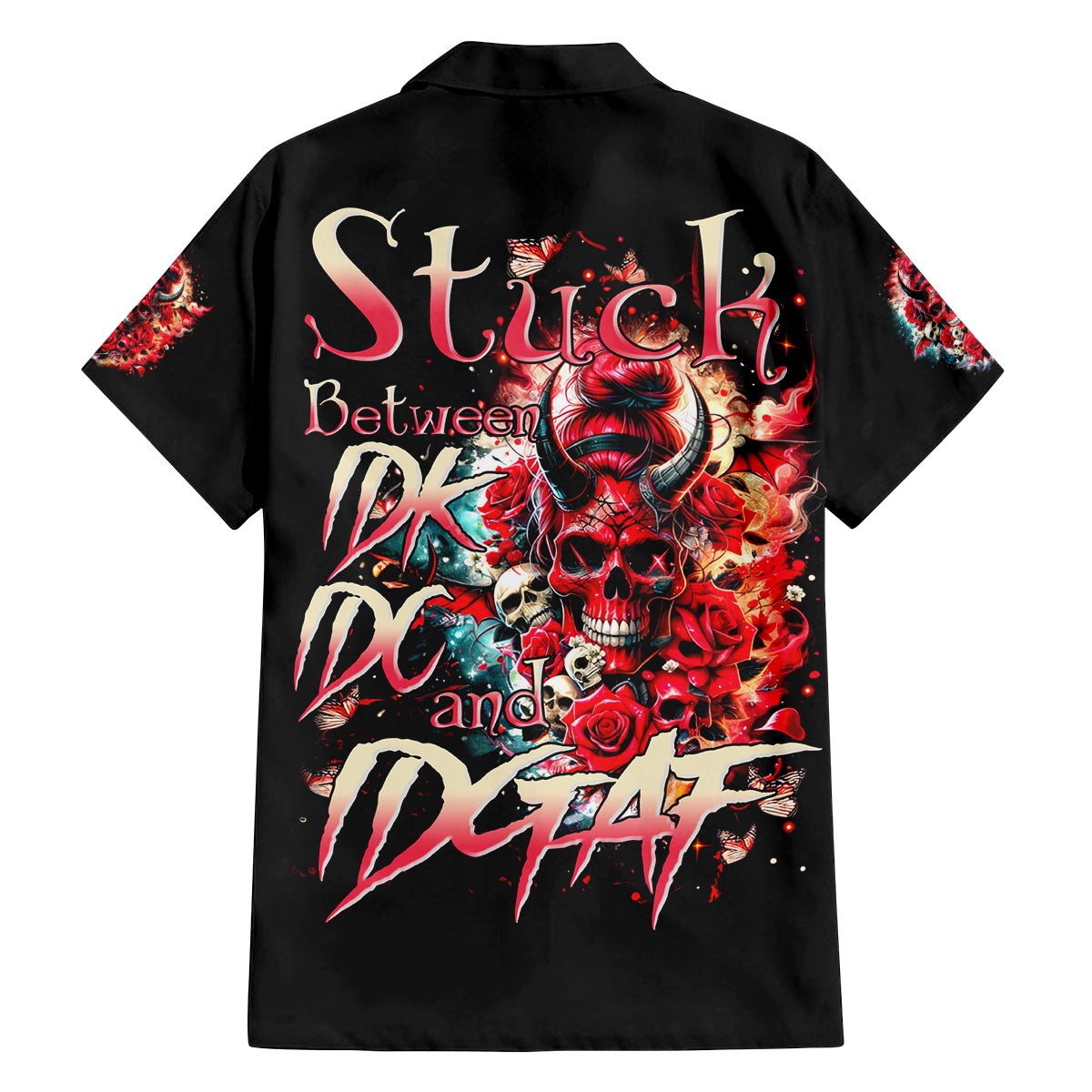 Devil Skull Family Matching Off The Shoulder Long Sleeve Dress and Hawaiian Shirt Stuck Between IDK IDC and IDGAF - Wonder Print Shop