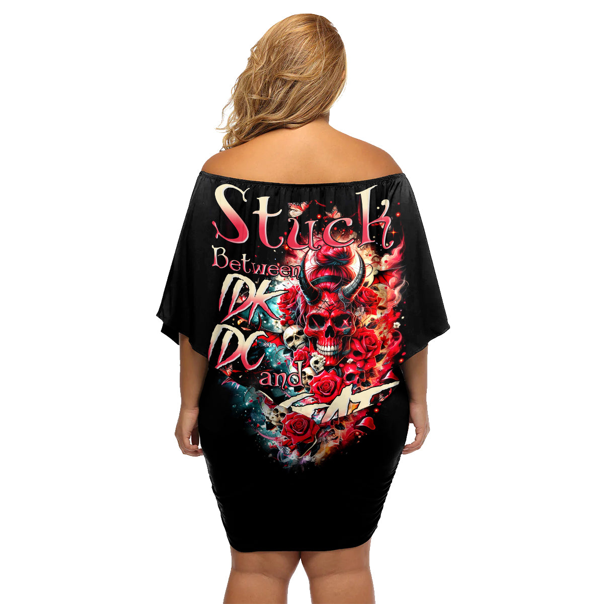 Devil Skull Family Matching Off Shoulder Short Dress and Hawaiian Shirt Stuck Between IDK IDC and IDGAF - Wonder Print Shop