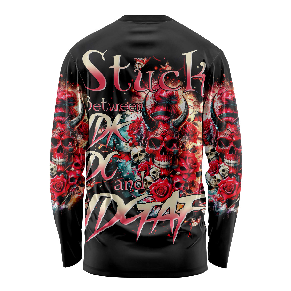 Devil Skull Long Sleeve Shirt Stuck Between IDK IDC and IDGAF - Wonder Print Shop