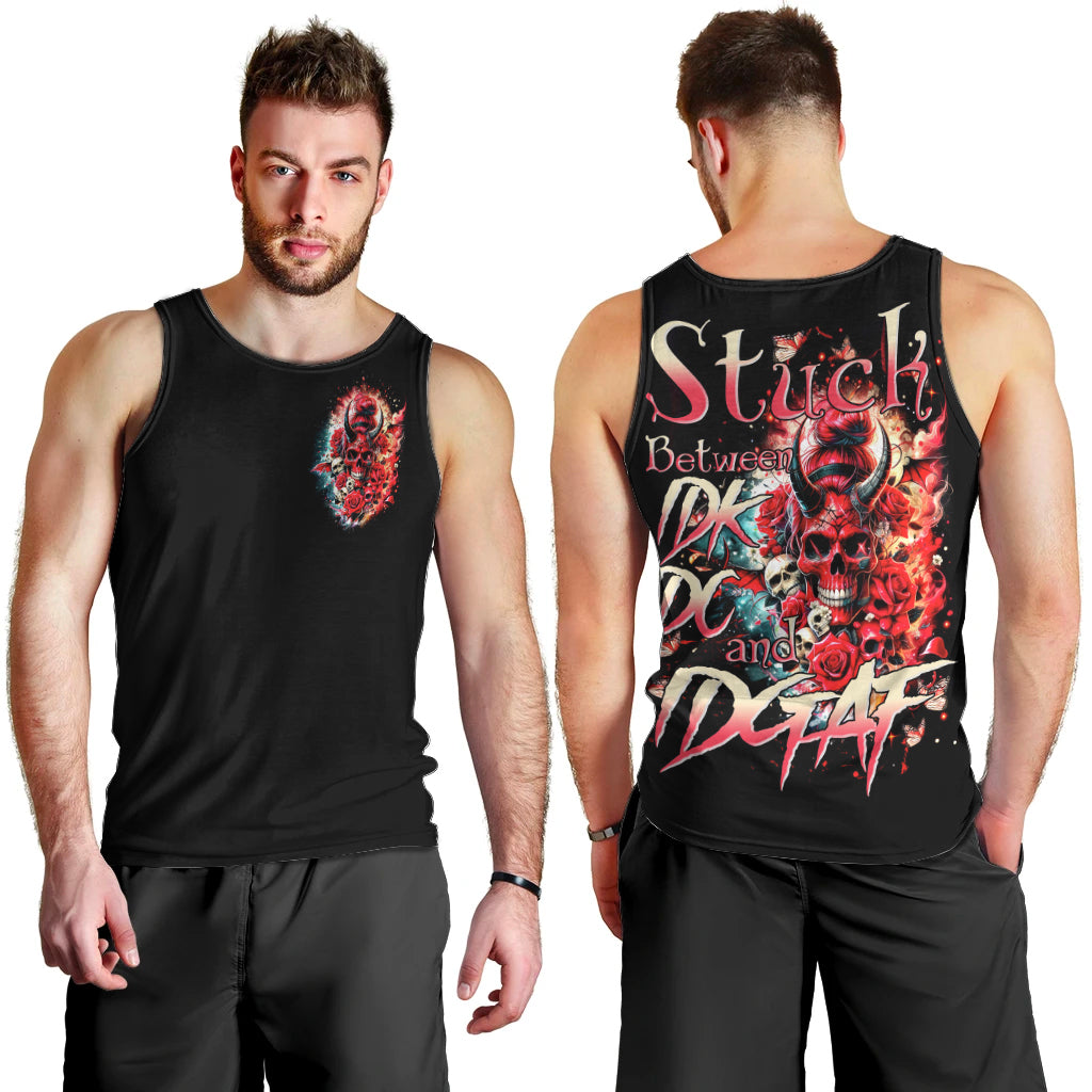 Devil Skull Men Tank Top Stuck Between IDK IDC and IDGAF - Wonder Print Shop