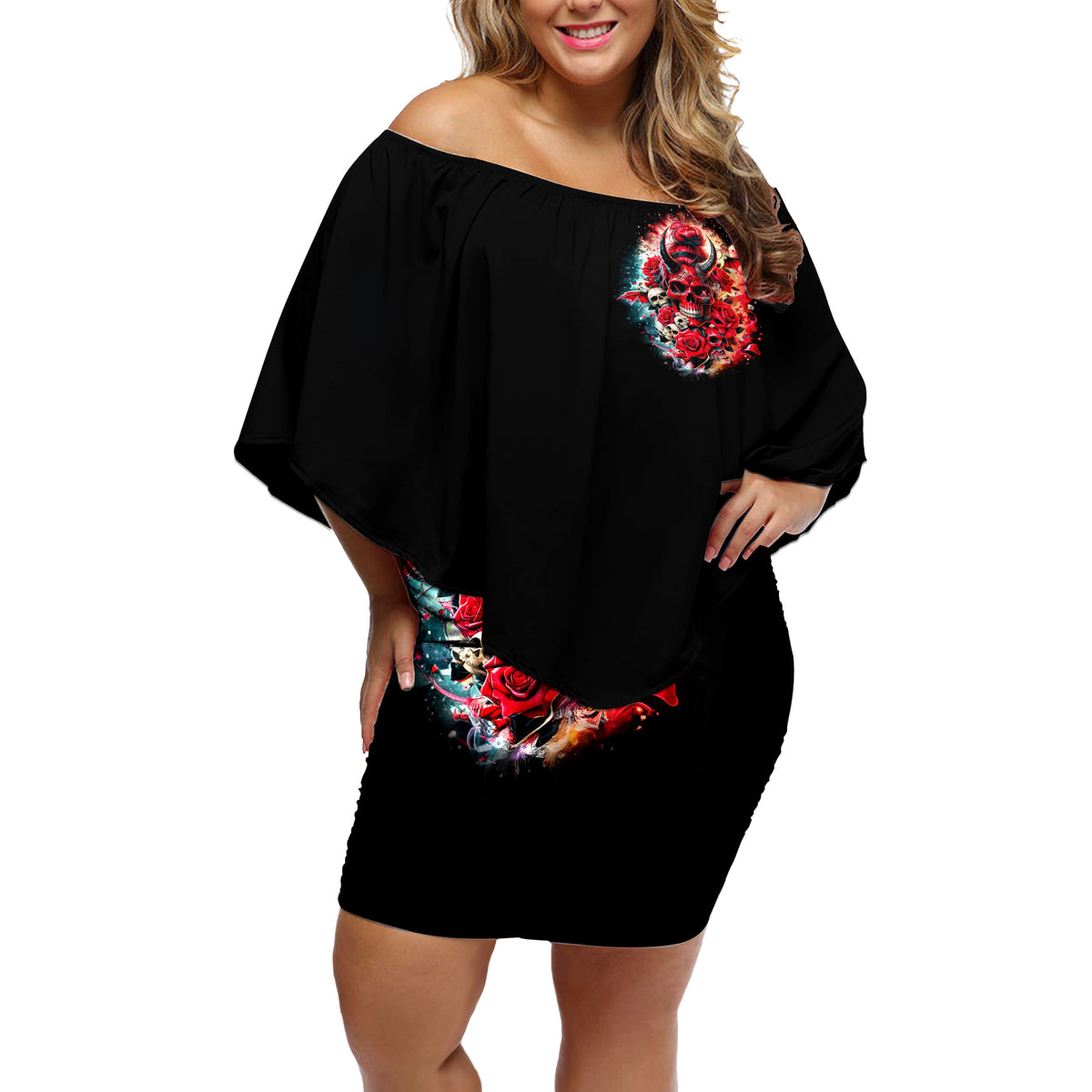 Devil Skull Off Shoulder Short Dress Stuck Between IDK IDC and IDGAF - Wonder Print Shop