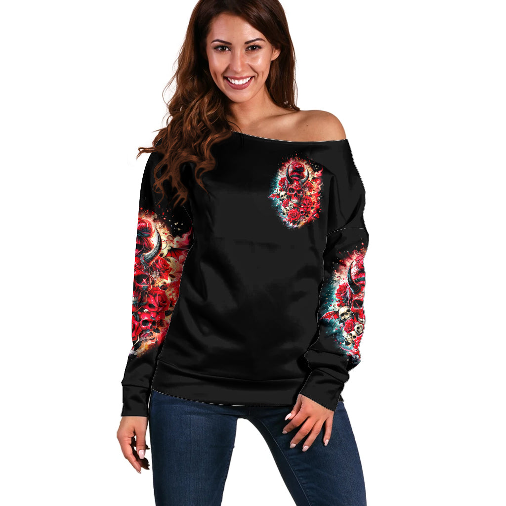 Devil Skull Off Shoulder Sweater Stuck Between IDK IDC and IDGAF - Wonder Print Shop