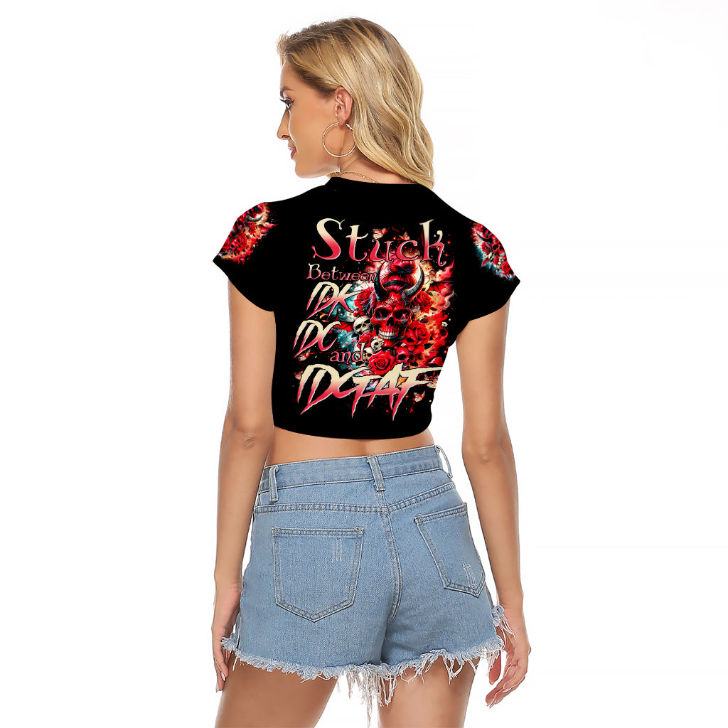 Devil Skull Raglan Cropped T Shirt Stuck Between IDK IDC and IDGAF - Wonder Print Shop