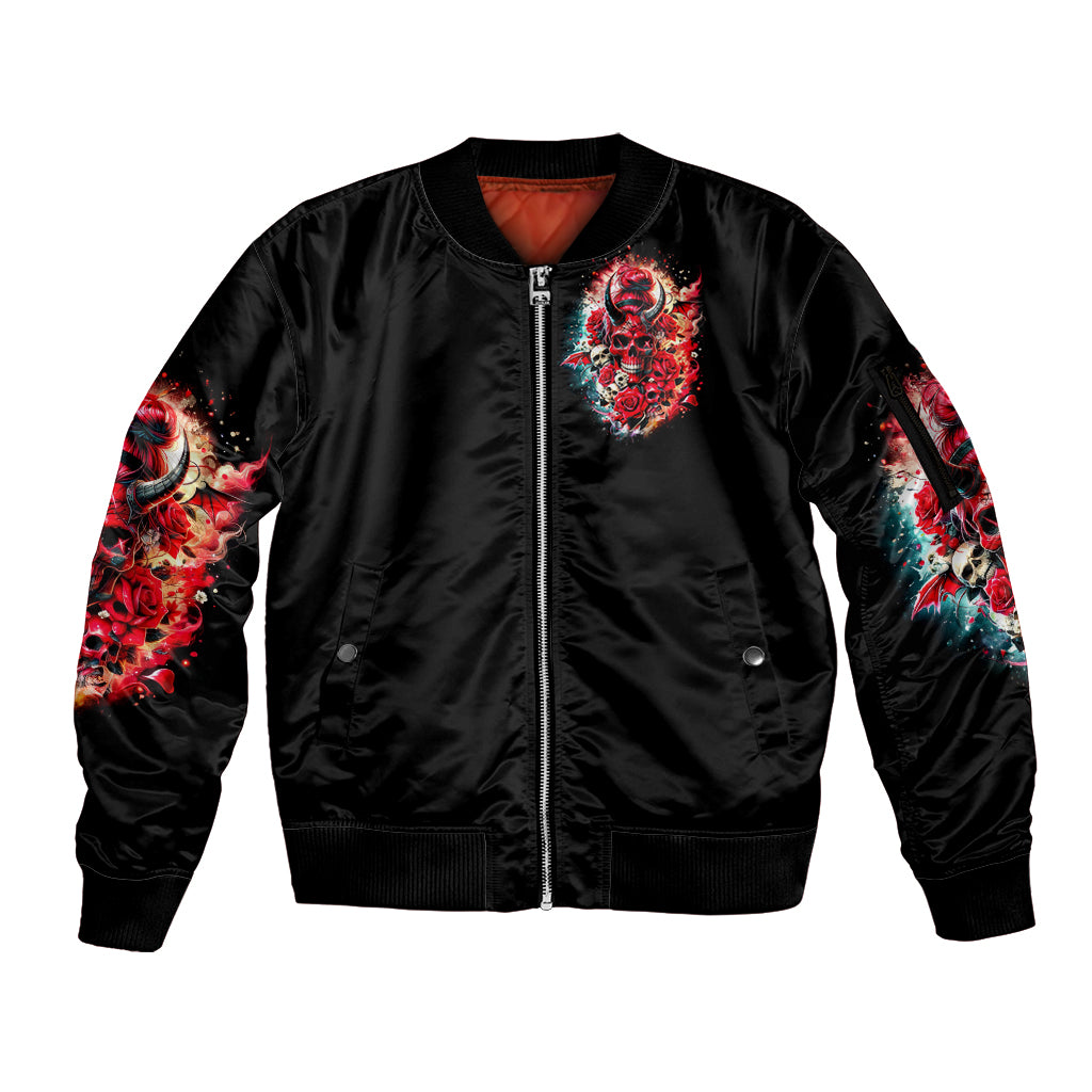 Devil Skull Sleeve Zip Bomber Jacket Stuck Between IDK IDC and IDGAF - Wonder Print Shop