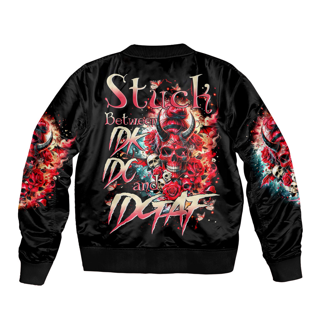 Devil Skull Sleeve Zip Bomber Jacket Stuck Between IDK IDC and IDGAF - Wonder Print Shop