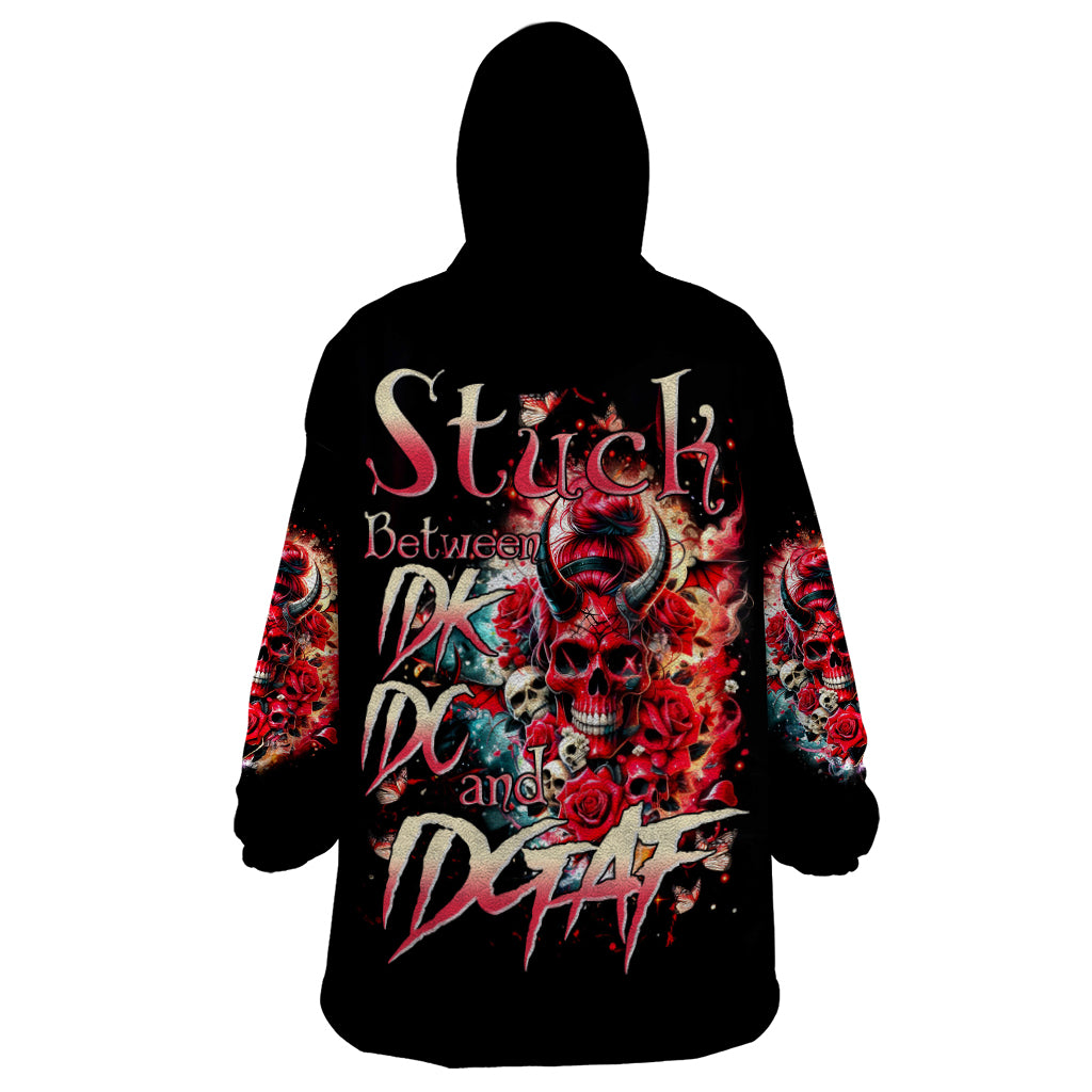 Devil Skull Wearable Blanket Hoodie Stuck Between IDK IDC and IDGAF - Wonder Print Shop