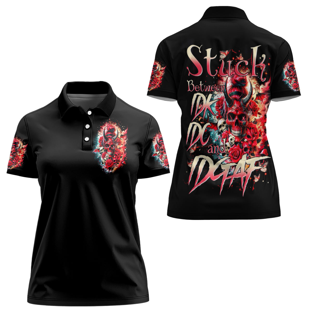 Devil Skull Women Polo Shirt Stuck Between IDK IDC and IDGAF - Wonder Print Shop