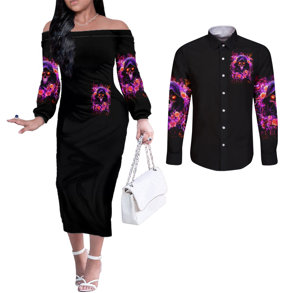 Rose Skull Couples Matching Off The Shoulder Long Sleeve Dress and Long Sleeve Button Shirt Beasuty In Beast Mode