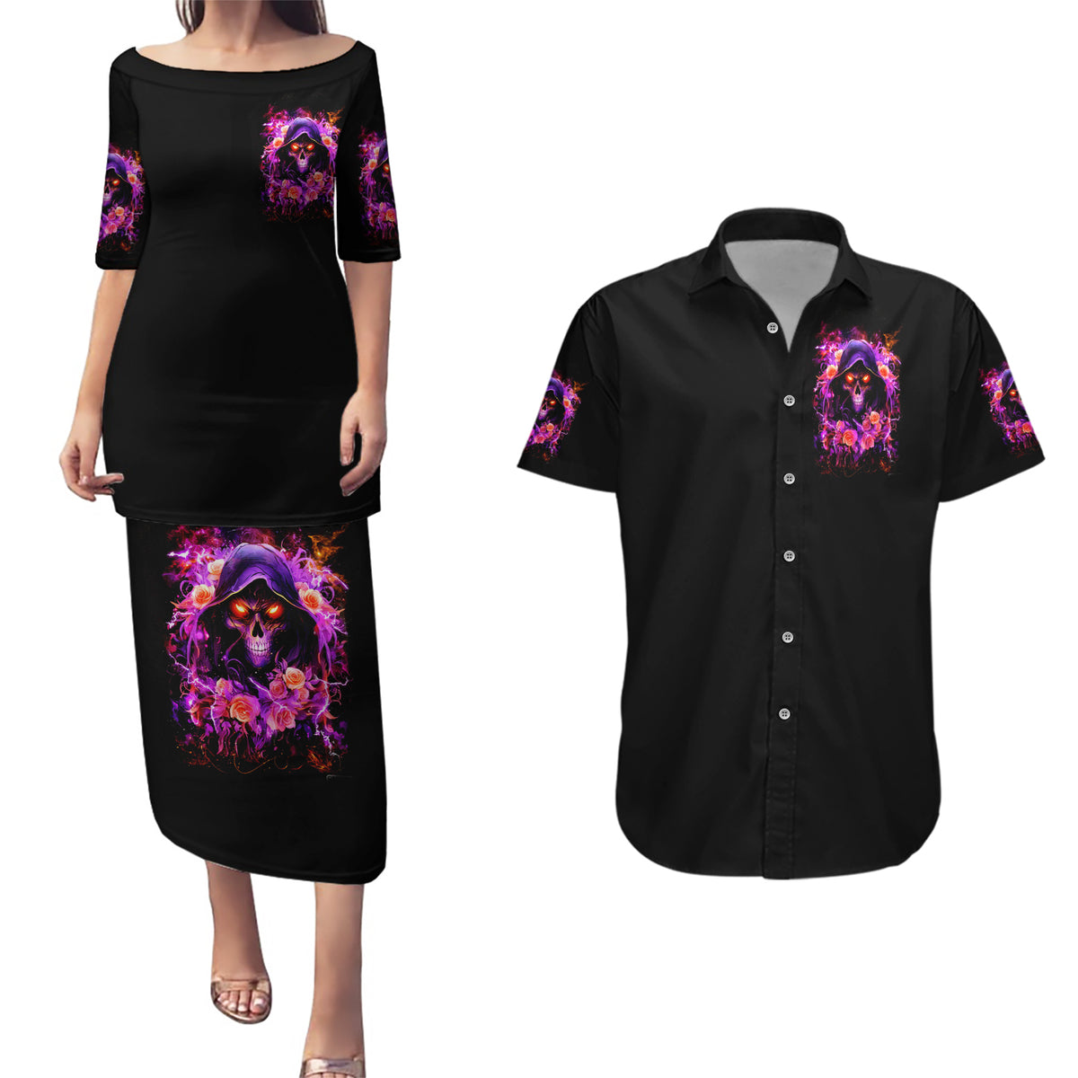 Rose Skull Couples Matching Puletasi and Hawaiian Shirt Beasuty In Beast Mode - Wonder Print Shop