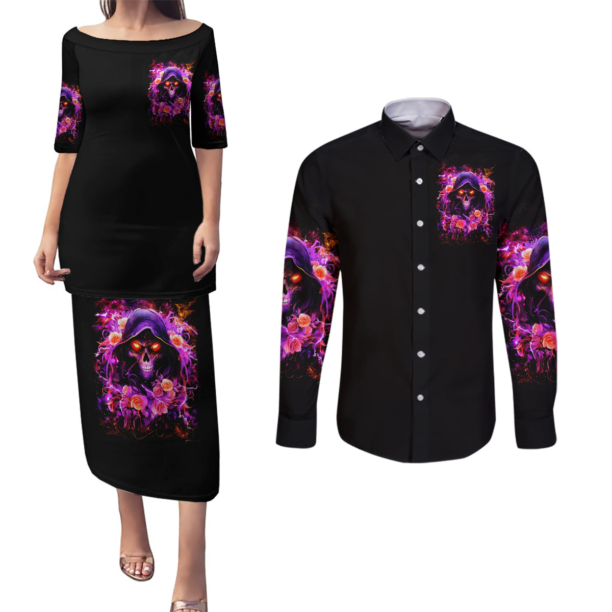 Rose Skull Couples Matching Puletasi and Long Sleeve Button Shirt Beasuty In Beast Mode - Wonder Print Shop