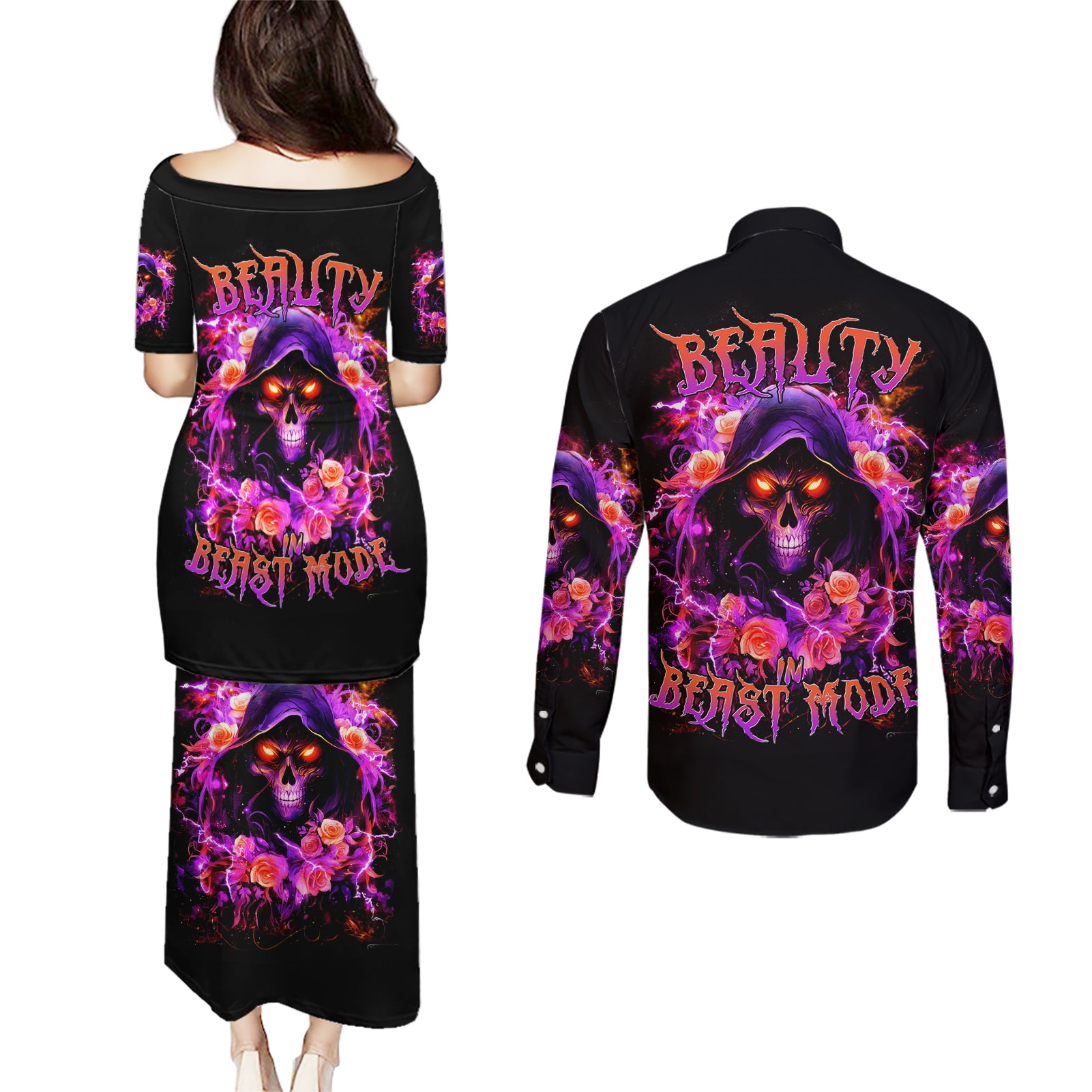 Rose Skull Couples Matching Puletasi and Long Sleeve Button Shirt Beasuty In Beast Mode - Wonder Print Shop