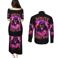 Rose Skull Couples Matching Puletasi and Long Sleeve Button Shirt Beasuty In Beast Mode - Wonder Print Shop