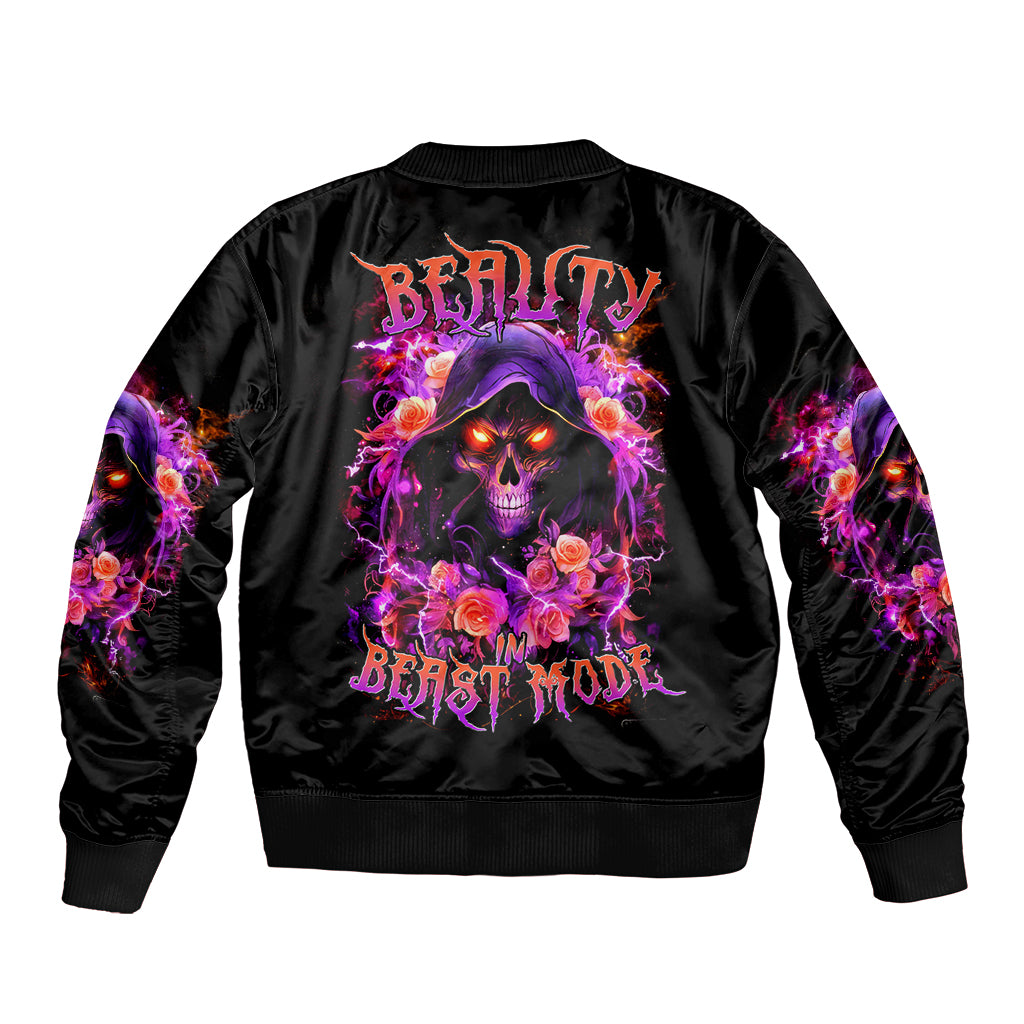 Rose Skull Sleeve Zip Bomber Jacket Beasuty In Beast Mode - Wonder Print Shop