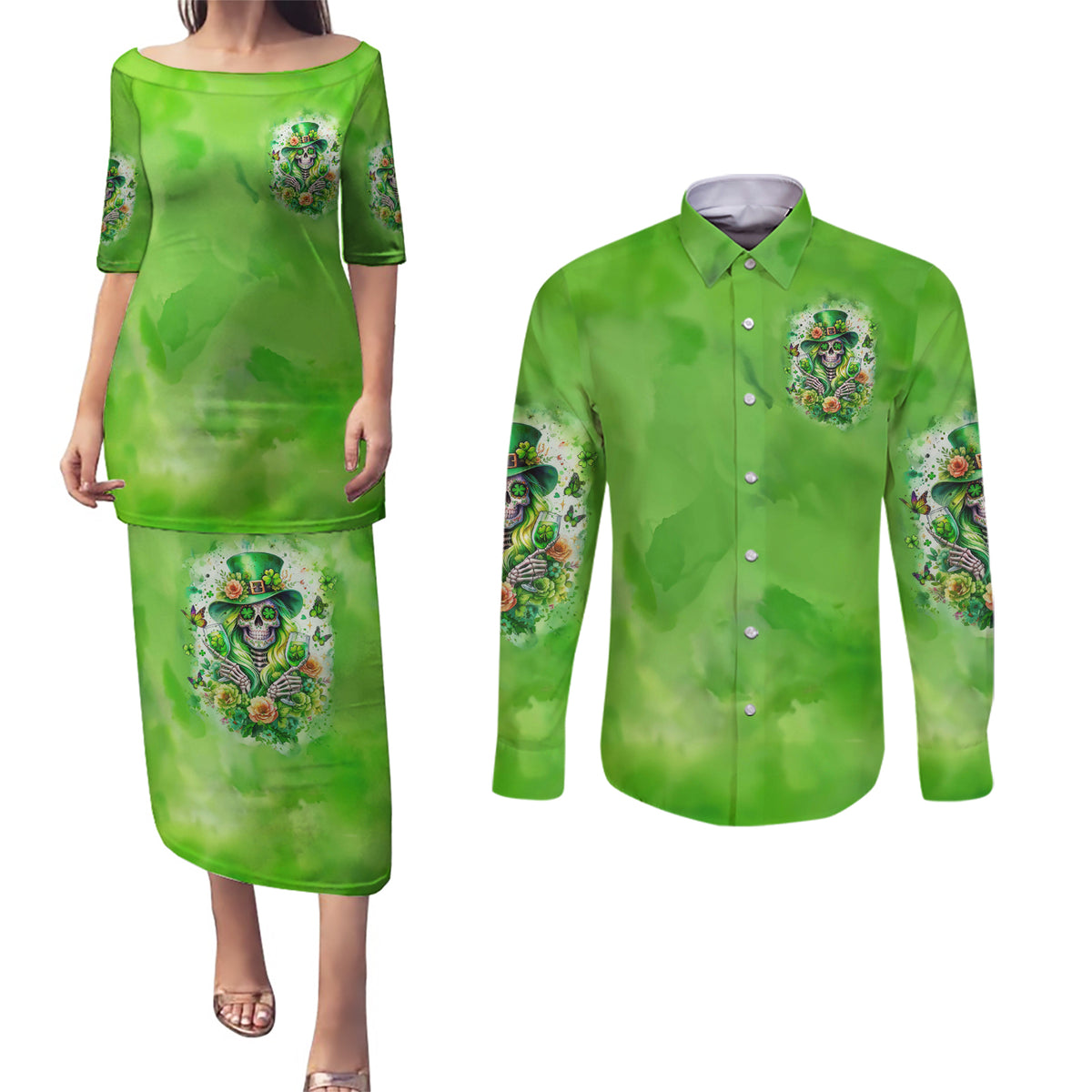 Irish Skull Couples Matching Puletasi and Long Sleeve Button Shirt Irish Today - Wonder Print Shop
