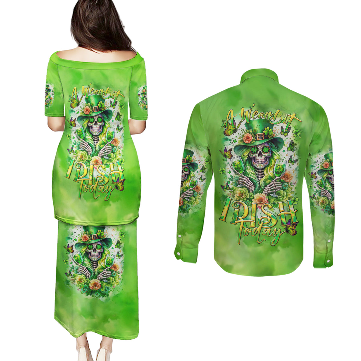 Irish Skull Couples Matching Puletasi and Long Sleeve Button Shirt Irish Today - Wonder Print Shop