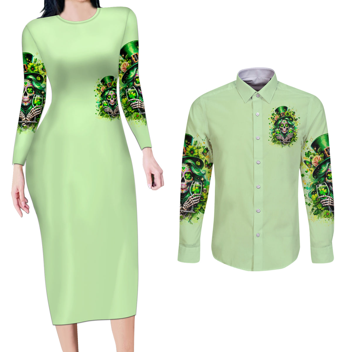 Irish Skull Couples Matching Long Sleeve Bodycon Dress and Long Sleeve Button Shirt Drink Up Bitches - Wonder Print Shop
