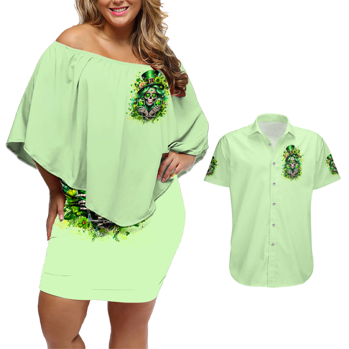 Irish Skull Couples Matching Off Shoulder Short Dress and Hawaiian Shirt Drink Up Bitches - Wonder Print Shop