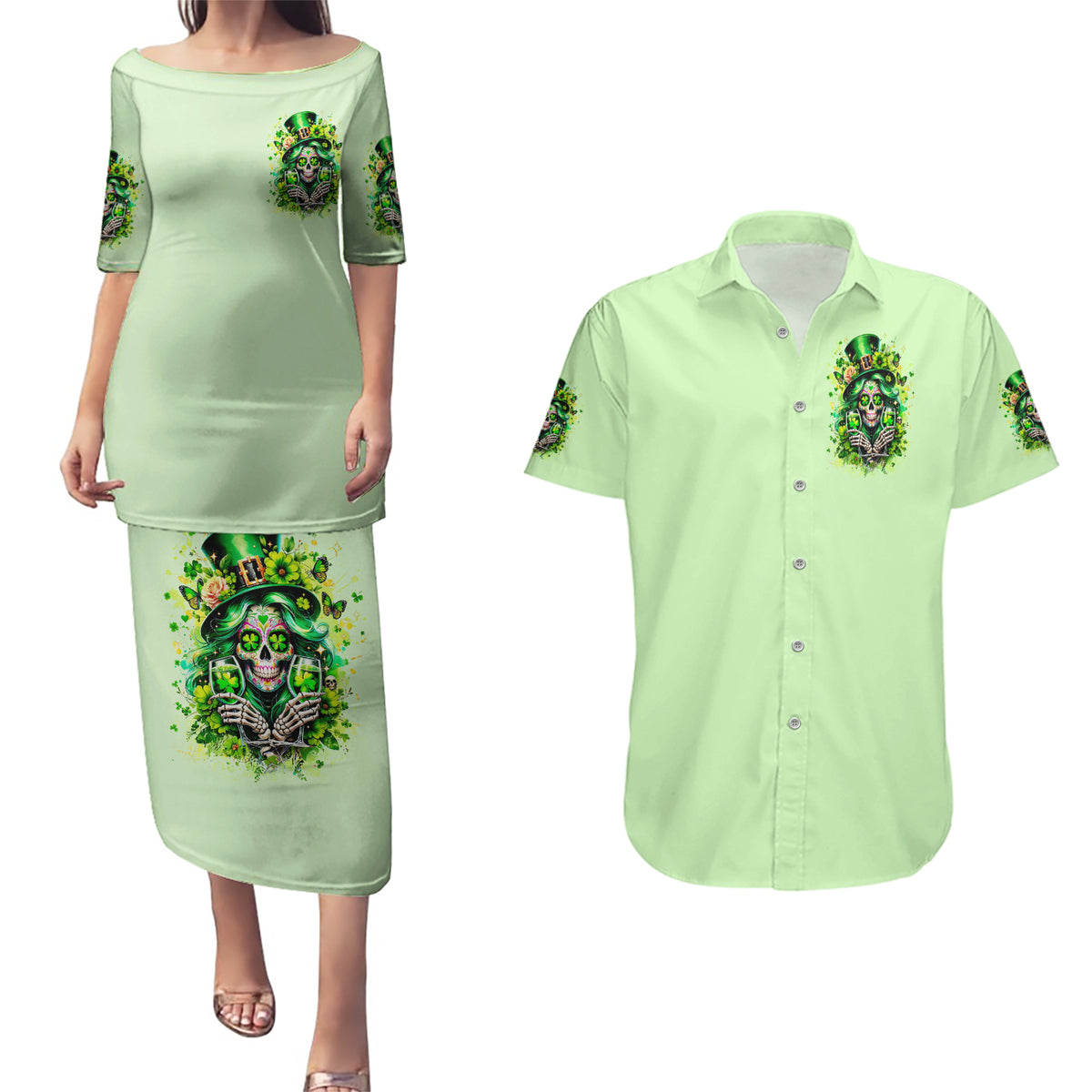Irish Skull Couples Matching Puletasi and Hawaiian Shirt Drink Up Bitches - Wonder Print Shop
