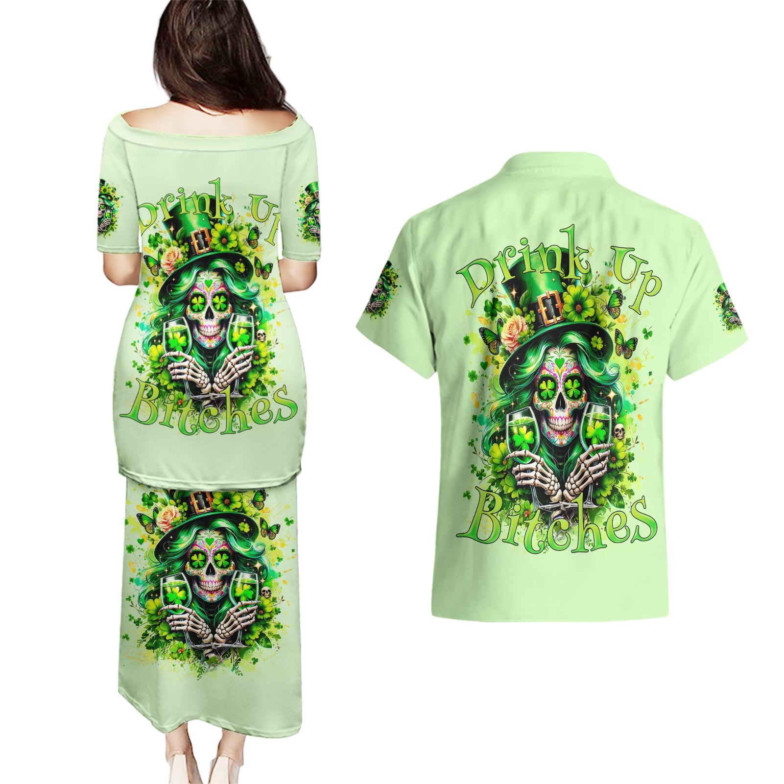 Irish Skull Couples Matching Puletasi and Hawaiian Shirt Drink Up Bitches - Wonder Print Shop